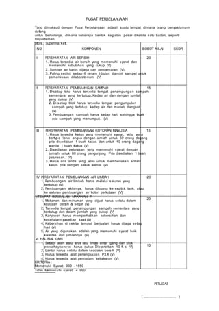 PUSAT PERBELANJAAN
Yang dimaksud dengan Pusat Perbelanjaan adalah suatu tempat dimana orang banyak/umum
datang
untuk berbelanja, dimana beberapa bentuk kegiatan pasar dikelola satu badan, seperti
Departemen
Store, Supermarket.
NO KOMPONEN
I PERSYAR ATAN AIR BERSIH
1. Harus tersedia air bersih yang memenuhi syarat dan
memenuhi kebutuhan yang cukup (V)
2. Sumber air harus dijaga dari pencemaran (V)
BOBOT NILAI
20
SKOR
3. Paling sedikit setiap 6 (enam ) bulan diambil sampel untuk
pemeriksaan dilaboratorium (V)
II PERSYAR ATAN PEMBUANGAN SAMPAH 15
1. Disetiap toko harus tersedia tempat penampungan sampah
sementara yang tertutup, Kedap air dan dengan jumlah
yang cukup (V)
2. Di setiap blok harus tersedia tempat pengumpulan
sampah yang tertutup kedap air dan mudah diangkut
(V)
3. Pembuangan sampah harus setiap hari, sehingga tidak
ada sampah yang menumpuk. (V)
III PERSYAR ATAN PEMBUANGAN KOTORAN MANUSIA 15
1. Harus tersedia kakus yang memenuhi syarat, yaitu yang
bertype leher angsa dengan Jumlah untuk 60 orang dagang
pria disediakan 1 buah kakus dan untuk 40 orang dagang
wanita 1 buah kakus (V)
2. Disediakan peturasan yang memenuhi syarat dengan
jumlah untuk 60 orang pengunjung Pria disediakan 1 buah
peturasan. (V)
3. Harus ada tanda yang jelas untuk membedakan antara
kakus pria dengan kakus wanita (V)
IV PERSYARATAN PEMBUANGAN AIR LIMBAH 20
1. Pembuangan air limbah harus melalui saluran yang
tertutup (V)
2. Pembuangan akhirnya, harus dibuang ke septick tank, atau
ke saluran pembuangan air kotor perkotaan (V)
VTEMPAT BERJUALAN MAKANAN ?
1. Makanan dan minuman yang dijual harus selalu dalam
20
keadaan bersih & segar (V)
2. Tersedia tempat penampungan sampah sementara yang
tertutup dan dalam jumlah yang cukup (V)
3. Karyawan harus memperhatikan kebersihan dan
kesehatannyas etiap saat (V)
4. Kebersihan di sekitar tempat berjualan harus dijaga setiap
hari (V)
5. Air yang digunakan adalah yang memenuhi syarat baik
kwalitas dan jumlahnya (V)
VI HAL-HAL LAIN
1. Setiap jalan atau arus lalu lintas antar gang dan blok
pencahayaannya harus cukup Disyaratkan 10 f. c. (V) 10
2. Lantai harus selalu dalam keadaan bersih (V)
3. Harus tersedia alat perlengkapan P3.K (V)
4. Harus tersedia alat pemadam kebakaran (V)
KRITERIA :
Memenuhi Syarat: 990 - 1650
Tidak Memenuhi syarat: < 990
PETUGAS
( ................................ )
 