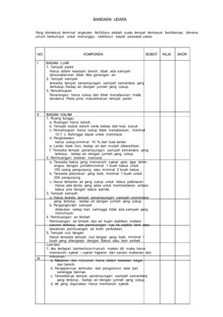 BANDARA UDARA
Yang dimaksud terminal angkutan Air/Udara adalah suatu tempat termasuk fasilitasnya, dimana
umum berkumpul untuk menunggu, naik/turun kapal/ pesawat udara.
NO KOMPONEN
I BAGIAN LUAR
1. Tempat parkir
Harus dalam keadaan bersih, tidak ada sampah
berserakandan tidak Ada genangan air.
2. Tempat sampah
tersedia tempat penampungan sampah sementara yang
tertutup, Kedap air dengan jumlah yang cukup.
3. Pencahayaan
Penerangan harus cukup dan tidak menyilaukan mata,
terutam a Pada pintu masuk/keluar tempat parkir.
BOBOT NILAI SKOR
II
III
BAGIAN DALAM
1. Ruang tunggu
a. Ruangan harus bersih
b. Tempat duduk bersih serta bebas dari kutu busuk
c. Pencahayaan harus cukup tidak menyilaukan, minimal
10 f. c. Sehingga dapat untuk membaca
d. Penghawaan
harus cukup,minim al 10 % dari luas lantai
e. Lantai tidak licin, kedap air dan mudah dibersihkan
f. Tersedia tempat penampungan sampah sementara yang
tertutup, kedap air dengan jumlah yang cukup
2. Pembuangan kotoran manusia
a. Tersedia kakus yang memenuhi syarat yaitu type leher
angsa, dengan jumlahminimal 1 buah kakus untuk
100 orang pengunjung atau minimal 2 buah kakus.
b. Tersedia peturasan yang baik, minimal 1 buah untuk
200 pengunjung.
c. Harus tersedia air yang cukup untuk kakus peturasan
Harus ada tanda yang jelas untuk membedakan antara
kakus pria dengan kakus wanita.
3. Tempat sampah
a. Harus teredia tempat penampungan sampah sementara
yang tertutup, kedap air dengan jumlah yang cukup
b. Pengangkutan sampah
dilakukan setiap hari, sehingga tidak ada sampah yang
menumpuk.
4. Pembuangan air limbah
Pembuangan air limbah dan air hujan dialirkan melalui
saluran tertutup dan pembuangan nya ke septick tank atau
kesaluran pembuangan air kotor perkotaan.
5. Tempat cuci tangan
Harus tersedia tempat cuci tangan yang baik, minimal 1
buah yang dilengkapi dengan Sabun atau kain serbet.
Lain-lain
1. Jika terdapat bar/restoran/rum ah makan dll, maka harus
memenuhi syarat – syarat hygiene dan sanasi makanan dan
minuman.
a. Makanan dan minuman harus dalam keadaan segar
dan bersih,
b. Penyajiannya terhindar dari pengotoran lalat dan
serangga lainnya.
c. Tersedianya tempat penampungan sampah sementara
yang tertutup, kedap air dengan jumlah yang cukup.
d. Air yang digunakan harus memenuhi syarat.
 