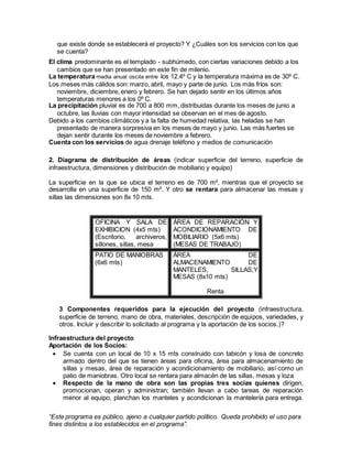 “Este programa es público, ajeno a cualquier partido político. Queda prohibido el uso para
fines distintos a los establecidos en el programa”.
que existe donde se establecerá el proyecto? Y ¿Cuáles son los servicios con los que
se cuenta?
El clima predominante es el templado - subhúmedo, con ciertas variaciones debido a los
cambios que se han presentado en este fin de milenio.
La temperatura media anual oscila entre los 12.4º C y la temperatura máxima es de 30º C.
Los meses más cálidos son: marzo, abril, mayo y parte de junio. Los más fríos son:
noviembre, diciembre, enero y febrero. Se han dejado sentir en los últimos años
temperaturas menores a los 0º C.
La precipitación pluvial es de 700 a 800 mm, distribuidas durante los meses de junio a
octubre, las lluvias con mayor intensidad se observan en el mes de agosto.
Debido a los cambios climáticos y a la falta de humedad relativa, las heladas se han
presentado de manera sorpresiva en los meses de mayo y junio. Las más fuertes se
dejan sentir durante los meses de noviembre a febrero.
Cuenta con los servicios de agua drenaje teléfono y medios de comunicación
2. Diagrama de distribución de áreas (indicar superficie del terreno, superficie de
infraestructura, dimensiones y distribución de mobiliario y equipo)
La superficie en la que se ubica el terreno es de 700 m², mientras que el proyecto se
desarrolla en una superficie de 150 m². Y otro se rentara para almacenar las mesas y
sillas las dimensiones son 8x 10 mts.
OFICINA Y SALA DE
EXHIBICION (4x5 mts)
(Escritorio, archiveros,
sillones, sillas, mesa
ÁREA DE REPARACIÓN Y
ACONDICIONAMIENTO DE
MOBILIARIO (5x6 mts)
(MESAS DE TRABAJO)
PATIO DE MANIOBRAS
(6x6 mts)
ÁREA DE
ALMACENAMIENTO DE
MANTELES, SILLAS,Y
MESAS (8x10 mts)
Renta
3 Componentes requeridos para la ejecución del proyecto (infraestructura,
superficie de terreno, mano de obra, materiales, descripción de equipos, variedades, y
otros. Incluir y describir lo solicitado al programa y la aportación de los socios.)?
Infraestructura del proyecto
Aportación de los Socios:
 Se cuenta con un local de 10 x 15 mts construido con tabicón y losa de concreto
armado dentro del que se tienen áreas para oficina, área para almacenamiento de
sillas y mesas, área de reparación y acondicionamiento de mobiliario, así como un
patio de maniobras. Otro local se rentara para almacén de las sillas, mesas y loza
 Respecto de la mano de obra son las propias tres socias quienes dirigen,
promocionan, operan y administran; también llevan a cabo tareas de reparación
menor al equipo, planchan los manteles y acondicionan la mantelería para entrega.
 