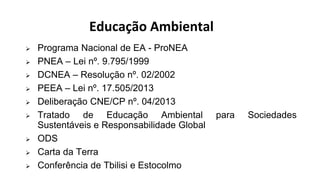 Educação Ambiental
 Programa Nacional de EA - ProNEA
 PNEA – Lei nº. 9.795/1999
 DCNEA – Resolução nº. 02/2002
 PEEA – Lei nº. 17.505/2013
 Deliberação CNE/CP nº. 04/2013
 Tratado de Educação Ambiental para Sociedades
Sustentáveis e Responsabilidade Global
 ODS
 Carta da Terra
 Conferência de Tbilisi e Estocolmo
 