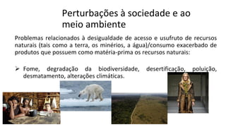 Perturbações à sociedade e ao
meio ambiente
Problemas relacionados à desigualdade de acesso e usufruto de recursos
naturais (tais como a terra, os minérios, a água)/consumo exacerbado de
produtos que possuem como matéria-prima os recursos naturais:
 Fome, degradação da biodiversidade, desertificação, poluição,
desmatamento, alterações climáticas.
 