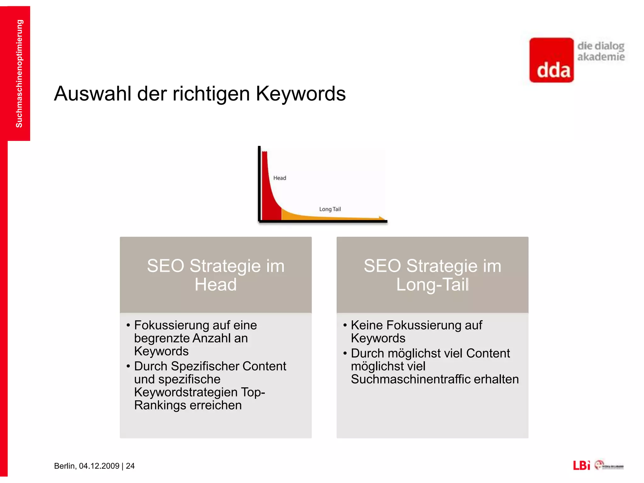 Auswahl der richtigen KeywordsIn der Summe aller SEO/SEA Keywords ergibt sich eine Long Tail-Verteilung und StrategieDie Long Tail-Theorie wurde vom US-Journalist Chris Anderson („Wired“) vorgestellt: Nach ihr kann ein Anbieter im Internet durch eine große Anzahl an Nischenprodukten Gewinn machenSuchmaschinenoptimierungAnzahl, Klicks, Sales, etc.Produkte, Keywords, etc.