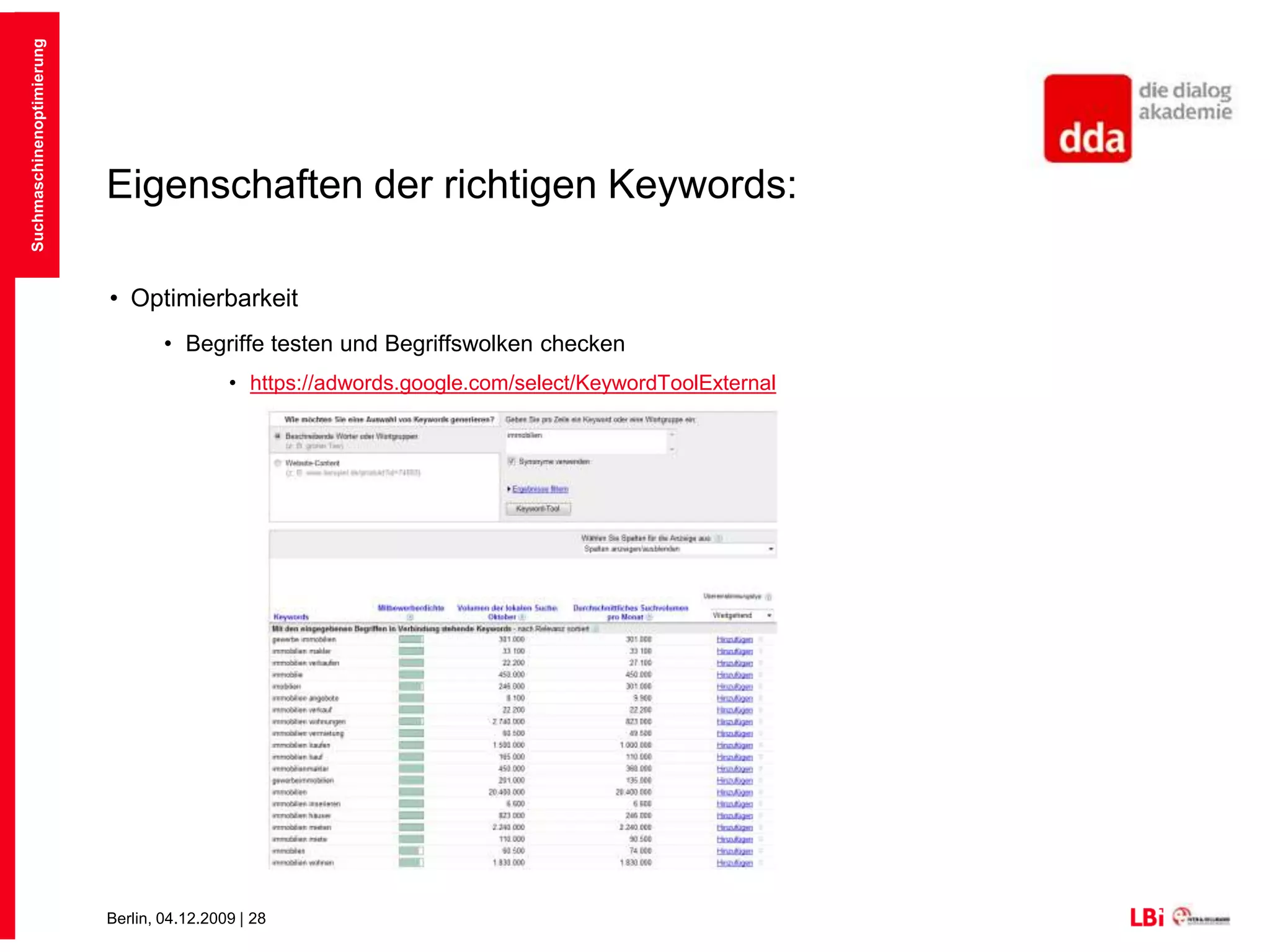 Eigenschaften der richtigen Keywords:OptimierbarkeitGute Aussichten auf Top-Platzierung, Wettbewerb beobachten:Auslesbarkeit der WebsiteExterne Verlinkung der WebseitePagerankSuchmaschinenoptimierung