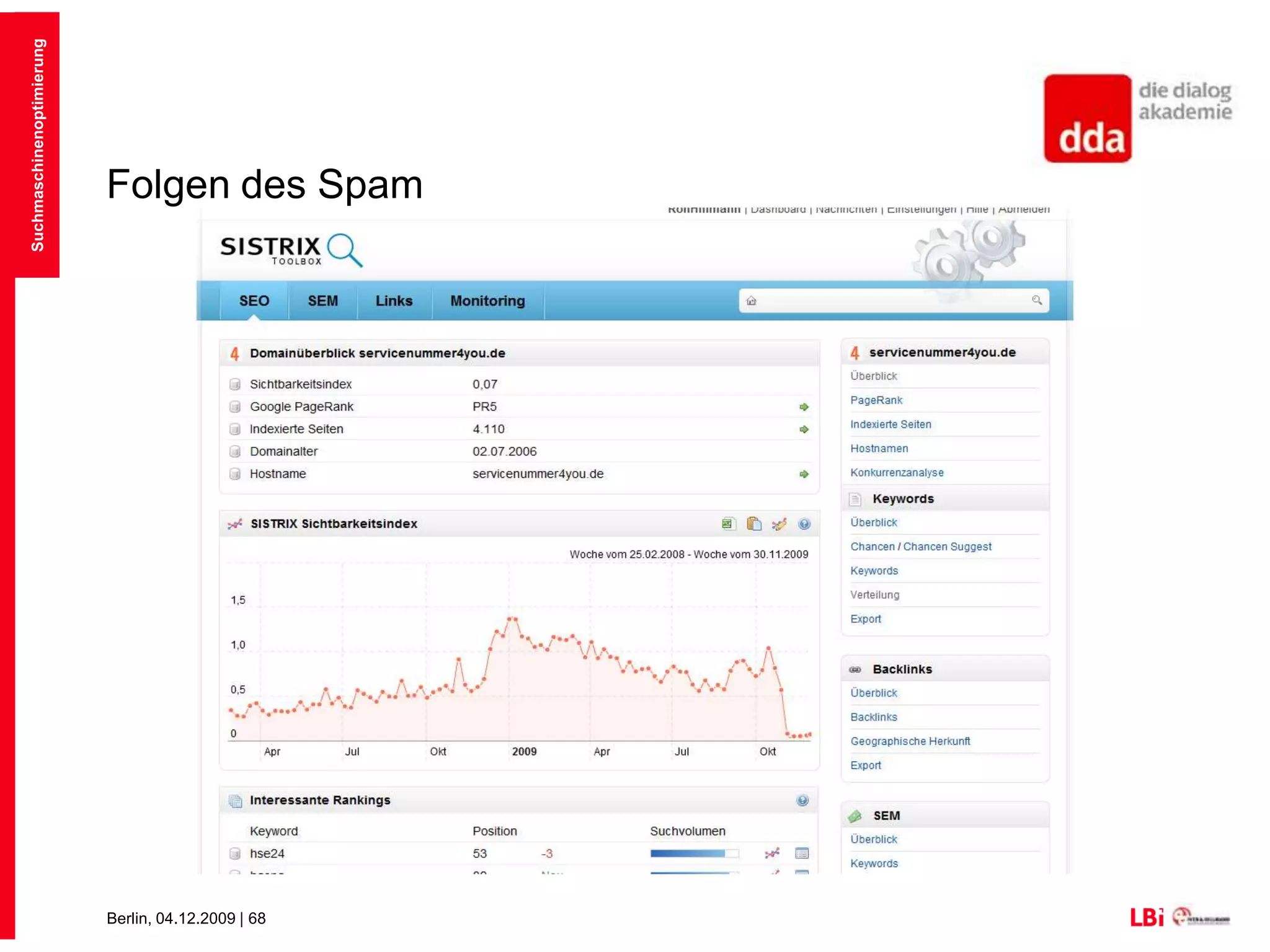 Folgen des SpamJe nach Art des Spam:PageRank-Herabstufung (nur durch Linkverkäufe)Keyword-Herabstufung (einzelne KW Positionen)Domain-Herabstufung (meist alle KW Positionen)Sanboxing / Penalties neuer Inhalte und alter SeitenDelisting (vollständige Entfernung aus Google)Erneute Überprüfung und Wiederaufnahme („ reinclusion“) möglich Suchmaschinenoptimierung