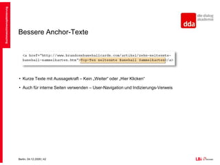 Texte schreiben für SuchmaschinenTexte sollten nie ausschließlich für die Suchmaschine erstellt werdenTexte müssen auch IMMER für den User sichtbar seinJe textreicher Webseiten sind, desto informativer erscheint sie der SuchmaschineJeder Text sollte sich auf ein bestimmtes Keyword konzentrieren, welches nicht in übertriebenem Maße verwendet wird (gesundes Verhältnis)Nennung der Keywords auch in der Überschrift (Tipp H2)Einbau von artverwandten Begriffen und Synonymen (Townhaus, Townhouse, Stadthaus …)Meta und Description beachten und dem Content anpassenSuchmaschinenoptimierung