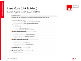 SuchmaschinenoptimierungLinkaufbau (Link Building)	 Backlink-Vergleich zum Wettbewerb (SISTRIX)