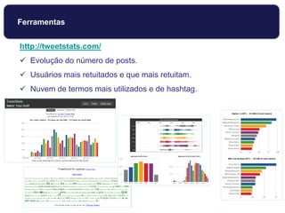 http://tweetstats.com/
 Evolução do número de posts.
 Usuários mais retuitados e que mais retuitam.
 Nuvem de termos mais utilizados e de hashtag.
Ferramentas
 