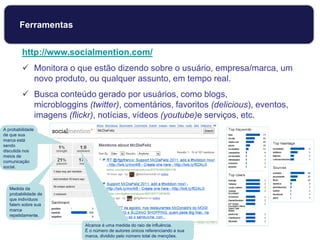 http://www.socialmention.com/
 Monitora o que estão dizendo sobre o usuário, empresa/marca, um
novo produto, ou qualquer assunto, em tempo real.
 Busca conteúdo gerado por usuários, como blogs,
microbloggins (twitter), comentários, favoritos (delicious), eventos,
imagens (flickr), notícias, vídeos (youtube)e serviços, etc.
A probabilidade
de que sua
marca está
sendo
discutida nos
meios de
comunicação
social.
Medida da
probabilidade de
que indivíduos
falem sobre sua
marca
repetidamente.
Alcance é uma medida do raio de influência.
É o número de autores únicos referenciando a sua
marca, dividido pelo número total de menções.
Ferramentas
 