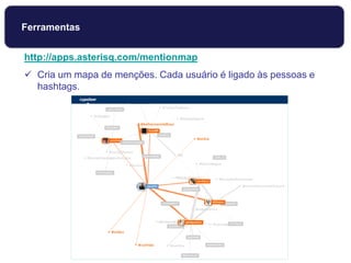 http://apps.asterisq.com/mentionmap
 Cria um mapa de menções. Cada usuário é ligado às pessoas e
hashtags.
Ferramentas
 