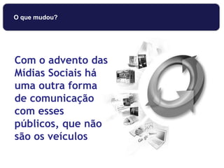 Com o advento das
Mídias Sociais há
uma outra forma
de comunicação
com esses
públicos, que não
são os veículos
O que mudou?
 