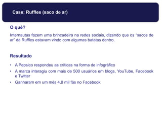 O quê?
Internautas fazem uma brincadeira na redes sociais, dizendo que os “sacos de
ar” da Ruffles estavam vindo com algumas batatas dentro.
Resultado
• A Pepsico respondeu as críticas na forma de infográfico
• A marca interagiu com mais de 500 usuários em blogs, YouTube, Facebook
e Twitter
• Ganharam em um mês 4,8 mil fãs no Facebook
Case: Ruffles (saco de ar)
 