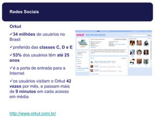 Orkut
34 milhões de usuários no
Brasil
preferido das classes C, D e E
53% dos usuários têm até 25
anos
é a porta de entrada para a
Internet
os usuários visitam o Orkut 42
vezes por mês, e passam mais
de 9 minutos em cada acesso
em média
http://www.orkut.com.br/
Redes Sociais
 