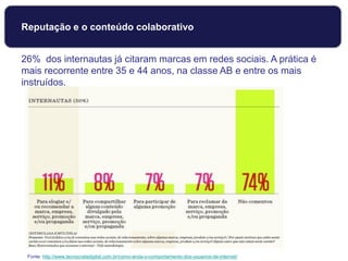 Reputação e o conteúdo colaborativo
Fonte: http://www.tecnocratadigital.com.br/como-anda-o-comportamento-dos-usuarios-de-internet/
26% dos internautas já citaram marcas em redes sociais. A prática é
mais recorrente entre 35 e 44 anos, na classe AB e entre os mais
instruídos.
 