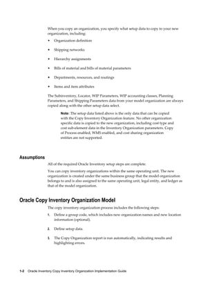 1-2    Oracle Inventory Copy Inventory Organization Implementation Guide
When you copy an organization, you specify what setup data to copy to your new
organization, including:
• Organization definition
• Shipping networks
• Hierarchy assignments
• Bills of material and bills of material parameters
• Departments, resources, and routings
• Items and item attributes
The Subinventory, Locator, WIP Parameters, WIP accounting classes, Planning
Parameters, and Shipping Parameters data from your model organization are always
copied along with the other setup data select.
Note: The setup data listed above is the only data that can be copied
with the Copy Inventory Organization feature. No other organization
specific data is copied to the new organization, including cost type and
cost sub-element data in the Inventory Organization parameters. Copy
of Process enabled, WMS enabled, and cost sharing organization
entities are not supported.
Assumptions
All of the required Oracle Inventory setup steps are complete.
You can copy inventory organizations within the same operating unit. The new
organization is created under the same business group that the model organization
belongs to and is also assigned to the same operating unit, legal entity, and ledger as
that of the model organization.
Oracle Copy Inventory Organization Model
The copy inventory organization process includes the following steps:
1. Define a group code, which includes new organization names and new location
information (optional).
2. Define setup data.
3. The Copy Organization report is run automatically, indicating results and
highlighting errors.
 