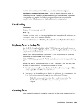 Copy Inventory Organization    1-23
numbers of new entities, copied entities, and modified entities are displayed.
Entity Level Discrepancies Information: A list of the entities that caused errors is
presented in a table. The names of the entities not copied from the model, the entities
not created as instructed in the XML document, and the entities not modified as
specified in the XML document are displayed for each new organization.
Error Handling
Diagnostics:
Displays the error message and text.
View Log:
Displays the entire log of the execution, including error encountered. In most cases the
error can be found on the last page of the log.
For more information see Submitting a Request in the Oracle Applications User's Guide.
Displaying Errors in the Log File
Use the 'FND: Debug Log Enabled' and the 'FND: Debug Log Level' profile options to
display error messages and the level of error detail in the log file of the Copy Inventory
Organization concurrent request.
See the Oracle Applications System Administrator's Guide - Configuration for additional
information on enabling these profile options.
Set the 'FND: Debug Log Enabled' = 'Yes' to enable display of error messages in the log
file.
Set the level of error message detail using the 'FND: Debug Log Level'. The two levels
available for use in the Copy Inventory Organization log file are:
• Error Level: summary level error display. In this level, the error messages and the
action required to correct the error is displayed.
• Statement Level: detailed level error display. In addition to the error messages, this
level displays the actual data being processed at the time of the error.
Note: It is recommended to set the above profile options at the User
Level, rather than at the Site Level, to minimize performance
impacts.
Correcting Errors
If any organization data fails to process, locate these records in the Organization Copy
 