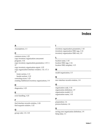 Index-1
 
Index
A
Assumptions, 1-1
C
common errors, 1-25
copy inventory organization concurrent
program, 1-16
copy inventory organization parameters, 1-17, 1-
17
copy inventory organization report, 1-22
copy organization interface window, 1-4, 1-7, 1-
10
footer section, 1-11
header section, 1-10
correcting errors, 1-23
creating Additional inventory organizations, 1-9
D
diagnostics, 1-23
E
error handling, 1-23
F
find interface records window, 1-24
find requests window, 1-21
G
group code, 1-5, 1-10
I
inventory organization parameters, 1-10
inventory organization XML tags, 1-12
inventory organization XML text, 1-9
L
location name, 1-10
location XML tags, 1-14
location XML template, 1-13
M
model organization, 1-5
N
new interface records window, 1-8
O
organization code, 1-10
organization definition, 1-9
organization model, 1-2
organization name, 1-10
P
preparation, 1-6
process features, 1-4
S
saving your organization definition, 1-9
Setup data, 1-1
 