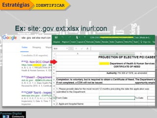 Estratégias IDENTIFICAR
Ex: site:.gov ext:xlsx inurl:con
 