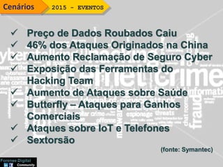  Preço de Dados Roubados Caiu
 46% dos Ataques Originados na China
 Aumento Reclamação de Seguro Cyber
 Exposição das Ferramentas do
Hacking Team
 Aumento de Ataques sobre Saúde
 Butterfly – Ataques para Ganhos
Comerciais
 Ataques sobre IoT e Telefones
 Sextorsão
(fonte: Symantec)
2015 - EVENTOSCenários
 
