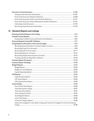 x
Overview of Asset Insurance................................................................................................ 9-166
Entering Asset Insurance Information............................................................................. 9-167
Fixed Asset Insurance Window Reference.......................................................................9-168
Fixed Asset Insurance Policy Lines Window Reference...................................................9-171
Fixed Asset Insurance Policy Maintenance Window Reference.......................................9-172
Calculating Asset Insurance.............................................................................................9-172
Reviewing Asset Insurance Information.......................................................................... 9-173
10 Standard Reports and Listings
Running Standard Reports and Listings................................................................................ 10-2
Variable Format Reports......................................................................................................... 10-3
Comparing Variable Format and Fixed Format Reports....................................................10-5
Financial Reports Using XML Publisher................................................................................ 10-7
Using Reports to Reconcile to the General Ledger.................................................................10-9
Reconciling Journal Entries to General Ledger Accounts.................................................. 10-9
Reconciling Asset Cost Accounts....................................................................................... 10-9
Reconciling CIP Cost Accounts........................................................................................10-11
Reconciling Reserve Accounts ........................................................................................ 10-13
Reconciling Depreciation Expense Accounts .................................................................. 10-15
Tracking and Reconciling Mass Additions ..................................................................... 10-16
Common Report Parameters................................................................................................. 10-19
Common Report Headings ................................................................................................... 10-20
Budget Reports...................................................................................................................... 10-22
Budget Report ................................................................................................................. 10-22
Budget-To-Actual Report ................................................................................................ 10-22
Capital Spending Report ................................................................................................. 10-23
CIP Reports............................................................................................................................ 10-24
Capitalizations Report..................................................................................................... 10-24
CIP Assets Report ........................................................................................................... 10-25
CIP Capitalization Report ............................................................................................... 10-25
Asset Listings.........................................................................................................................10-26
Fixed Assets Book Report ............................................................................................... 10-26
Asset Description Listing ................................................................................................ 10-27
Asset Inventory Report ................................................................................................... 10-27
Asset Listing by Period ................................................................................................... 10-27
Asset Register Report ...................................................................................................... 10-28
Asset Tag Listing .............................................................................................................10-29
Assets by Category Report .............................................................................................. 10-29
Assets Not Assigned To Any Books Listing and Assets Not Assigned To Any Cost Centers
Listing ............................................................................................................................. 10-30
 