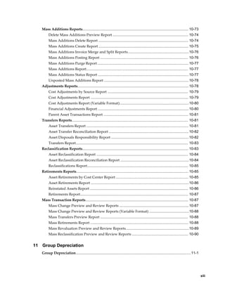     xiii
Mass Additions Reports........................................................................................................ 10-73
Delete Mass Additions Preview Report .......................................................................... 10-74
Mass Additions Delete Report ........................................................................................ 10-74
Mass Additions Create Report ........................................................................................ 10-75
Mass Additions Invoice Merge and Split Reports............................................................10-76
Mass Additions Posting Report ...................................................................................... 10-76
Mass Additions Purge Report ......................................................................................... 10-77
Mass Additions Report.................................................................................................... 10-77
Mass Additions Status Report .........................................................................................10-77
Unposted Mass Additions Report ...................................................................................10-78
Adjustments Reports............................................................................................................. 10-78
Cost Adjustments by Source Report ............................................................................... 10-79
Cost Adjustments Report ................................................................................................ 10-79
Cost Adjustments Report (Variable Format)....................................................................10-80
Financial Adjustments Report .........................................................................................10-80
Parent Asset Transactions Report ................................................................................... 10-81
Transfers Reports.................................................................................................................. 10-81
Asset Transfers Report .................................................................................................... 10-81
Asset Transfer Reconciliation Report .............................................................................. 10-82
Asset Disposals Responsibility Report ............................................................................10-82
Transfers Report.............................................................................................................. 10-83
Reclassification Reports........................................................................................................ 10-83
Asset Reclassification Report .......................................................................................... 10-84
Asset Reclassification Reconciliation Report ...................................................................10-84
Reclassifications Report................................................................................................... 10-85
Retirements Reports.............................................................................................................. 10-85
Asset Retirements by Cost Center Report ....................................................................... 10-85
Asset Retirements Report ................................................................................................10-86
Reinstated Assets Report ................................................................................................ 10-86
Retirements Report.......................................................................................................... 10-87
Mass Transaction Reports..................................................................................................... 10-87
Mass Change Preview and Review Reports ....................................................................10-87
Mass Change Preview and Review Reports (Variable Format) .......................................10-88
Mass Transfers Preview Report ...................................................................................... 10-88
Mass Retirements Report ................................................................................................ 10-88
Mass Revaluation Preview and Review Reports..............................................................10-89
Mass Reclassification Preview and Review Reports ....................................................... 10-90
11 Group Depreciation
Group Depreciation.................................................................................................................11-1
 