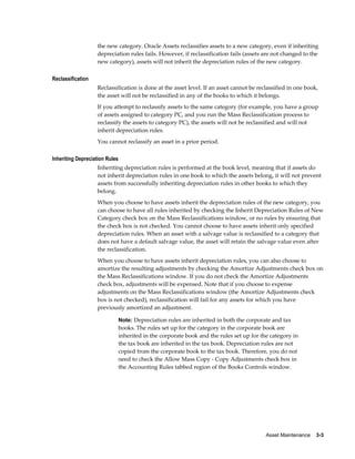 Asset Maintenance    3-3
the new category. Oracle Assets reclassifies assets to a new category, even if inheriting
depreciation rules fails. However, if reclassification fails (assets are not changed to the
new category), assets will not inherit the depreciation rules of the new category.
Reclassification
Reclassification is done at the asset level. If an asset cannot be reclassified in one book,
the asset will not be reclassified in any of the books to which it belongs.
If you attempt to reclassify assets to the same category (for example, you have a group
of assets assigned to category PC, and you run the Mass Reclassification process to
reclassify the assets to category PC), the assets will not be reclassified and will not
inherit depreciation rules.
You cannot reclassify an asset in a prior period.
Inheriting Depreciation Rules
Inheriting depreciation rules is performed at the book level, meaning that if assets do
not inherit depreciation rules in one book to which the assets belong, it will not prevent
assets from successfully inheriting depreciation rules in other books to which they
belong.
When you choose to have assets inherit the depreciation rules of the new category, you
can choose to have all rules inherited by checking the Inherit Depreciation Rules of New
Category check box on the Mass Reclassifications window, or no rules by ensuring that
the check box is not checked. You cannot choose to have assets inherit only specified
depreciation rules. When an asset with a salvage value is reclassified to a category that
does not have a default salvage value, the asset will retain the salvage value even after
the reclassification.
When you choose to have assets inherit depreciation rules, you can also choose to
amortize the resulting adjustments by checking the Amortize Adjustments check box on
the Mass Reclassifications window. If you do not check the Amortize Adjustments
check box, adjustments will be expensed. Note that if you choose to expense
adjustments on the Mass Reclassifications window (the Amortize Adjustments check
box is not checked), reclassification will fail for any assets for which you have
previously amortized an adjustment.
Note: Depreciation rules are inherited in both the corporate and tax
books. The rules set up for the category in the corporate book are
inherited in the corporate book and the rules set up for the category in
the tax book are inherited in the tax book. Depreciation rules are not
copied from the corporate book to the tax book. Therefore, you do not
need to check the Allow Mass Copy - Copy Adjustments check box in
the Accounting Rules tabbed region of the Books Controls window.
 