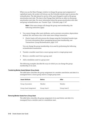 3-12    Oracle Assets User Guide
When you use the Mass Changes window to change the group asset assignment of
capitalized assets, the system will always use the Calculate transfer type to process the
reclassification. The date placed in service of the asset changed is used as the group
amortization start date. The date in the Change Date field has no affect on the group
amortization start date. For more information about the group amortization start date
and group reclassifications, see: Transfer Type - Calculate, page 11-47
Note: If the mass change will change the group asset membership, the
following restrictions apply:
• You cannot change other asset attributes, such as prorate convention, depreciation
method, life, and bonus rule, in the same mass change transaction.
• Oracle Assets will only process the change using the Calculated transfer type.
For more information about reassigning group asset membership, see:
Transactions: Group Reclassification, page 11-47
You can change the group membership of an asset by performing the following
reclassification transactions:
• Transfer a member asset from a source group asset to a target group asset
• Remove a member asset from a group asset
• Add a standalone asset to a group asset
The following examples describe the ways in which you can change the group
membership of an asset.
Transferring Member Assets Between Group Assets
The table below describes the group assignment of a member asset before and after it is
reassigned from a source group asset to a target group asset.
Asset Attribute Before After
Group Association Member Member
Group Asset Assignment Group Asset 1 Group Asset 2
Removing Member Assets from a Group Asset
The table below describes the group assignment of an asset before and after it is
reassigned from a member asset to a standalone asset.
 