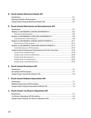 xviii
Q Oracle Assets Retirement Details API
Introduction.............................................................................................................................. Q-1
Retirement Details API Description........................................................................................ Q-2
Sample Script: Using the Retirement Details API...................................................................Q-7
R Oracle Assets Retirements and Reinstatements API
Introduction.............................................................................................................................. R-1
Module: FA_RETIREMENT_PUB.DO_RETIREMENT () .......................................................R-2
Retirement API Description................................................................................................ R-2
Module: FA_RETIREMENT_PUB.UNDO_RETIREMENT ()..................................................R-9
Undo Retirement API Description...................................................................................... R-9
Module: FA_RETIREMENT_PUB.DO_REINSTATEMENT () .............................................R-11
Reinstatement API Description......................................................................................... R-12
Module: FA_RETIREMENT_PUB.UNDO_REINSTATEMENT () ....................................... R-15
Undo Reinstatement API Description............................................................................... R-15
Sample Scripts for Retirement, Reinstatement and Undo Transaction................................ R-18
Sample Script: Full Retirement.......................................................................................... R-19
Sample Script: Partial Unit Retirement..............................................................................R-20
Sample Script: Reinstatement............................................................................................ R-23
Sample Script: Undo Retirement....................................................................................... R-25
Sample Script: Undo Reinstatement.................................................................................. R-27
S Oracle Assets Revalutions API
Introduction.............................................................................................................................. S-1
Revalutions API Description.................................................................................................... S-1
Sample Script: Using the Revaluation API.............................................................................. S-6
T Oracle Assets Rollback Depreciation API
Introduction...............................................................................................................................T-1
Rollback Depreciation API Description................................................................................... T-2
Sample Script: Using the Depreciation Rollback API............................................................. T-4
U Oracle Assets Tax Reserve Adjustment API
Introduction.............................................................................................................................. U-1
Tax Reserve Adjustment API Description............................................................................... U-2
Sample Script: Using the Tax Reserve Adjustment API..........................................................U-6
 