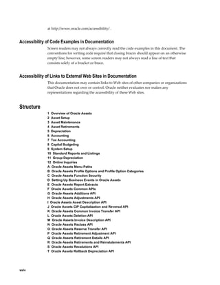 xxiv
at http://www.oracle.com/accessibility/ .
Accessibility of Code Examples in Documentation
Screen readers may not always correctly read the code examples in this document. The
conventions for writing code require that closing braces should appear on an otherwise
empty line; however, some screen readers may not always read a line of text that
consists solely of a bracket or brace.
Accessibility of Links to External Web Sites in Documentation
This documentation may contain links to Web sites of other companies or organizations
that Oracle does not own or control. Oracle neither evaluates nor makes any
representations regarding the accessibility of these Web sites.
Structure
1  Overview of Oracle Assets
2  Asset Setup
3  Asset Maintenance
4  Asset Retirements
5  Depreciation
6  Accounting
7  Tax Accounting
8  Capital Budgeting
9  System Setup
10  Standard Reports and Listings
11  Group Depreciation
12  Online Inquiries
A  Oracle Assets Menu Paths
B  Oracle Assets Profile Options and Profile Option Categories
C  Oracle Assets Function Security
D  Setting Up Business Events in Oracle Assets
E  Oracle Assets Report Extracts
F  Oracle Assets Common APIs
G  Oracle Assets Additions API
H  Oracle Assets Adjustments API
I  Oracle Assets Asset Description API
J  Oracle Assets CIP Capitalization and Reversal API
K  Oracle Assets Common Invoice Transfer API
L  Oracle Assets Deletion API
M  Oracle Assets Invoice Description API
N  Oracle Assets Reclass API
O  Oracle Assets Reserve Transfer API
P  Oracle Assets Retirement Adjustment API
Q  Oracle Assets Retirement Details API
R  Oracle Assets Retirements and Reinstatements API
S  Oracle Assets Revalutions API
T  Oracle Assets Rollback Depreciation API
 