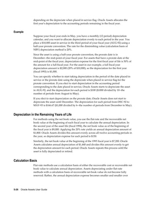 5-26    Oracle Assets User Guide
depending on the depreciate when placed in service flag. Oracle Assets allocates the
first year's depreciation to the accounting periods remaining in the fiscal year.
Example
Suppose your fiscal year ends in May, you have a monthly (12 period) depreciation
calendar, and you want to allocate depreciation evenly to each period in the year. You
place a $10,000 asset in service in the third period of your fiscal year (AUG-92) using a
half-year prorate convention. The rate for the diminishing value (calculation basis of
NBV) depreciation method is 20%.
Since the asset is using a half-year prorate convention, the prorate date is in
December--the mid-point of your fiscal year. For assets that have a prorate date at the
mid-point of the fiscal year, depreciation expense for the first fiscal year of life is 50% of
the amount for a full fiscal year. For the asset in our example, a full fiscal year
depreciation amount is $2,000 (20% of $10,000), so the depreciation for the first year
(fiscal 1993) is $1,000.
You can specify whether to start taking depreciation in the period of the date placed in
service or the prorate date using the depreciate when placed in service flag for the
prorate convention. If you elect to start depreciation in the accounting period
corresponding to the date placed in service, Oracle Assets starts to depreciate the asset
in AUG-92, and the depreciation for each period is $100 ($1000 divided by 10--the
number of periods from August to May).
If you elect to start depreciation on the prorate date, Oracle Assets does not start to
depreciate the asset until December. The depreciation for each period from DEC-92 to
MAY-93 is $166.67 ($1,000 divided by 6--the number of periods from December to May).
Depreciation in the Remaining Years of Life
For methods using the net book value, you use the flat-rate and the recoverable net
book value at the beginning of each fiscal year to calculate the annual depreciation. In
the second year of the asset life (fiscal 1994), the net book value as of the beginning of
the fiscal year is $9,000. Applying the 20% rate yields an annual depreciation amount of
$1,800. Oracle Assets divides this amount evenly across all twelve accounting periods in
the year, so depreciation expense for each period is $150.
Similarly, the net book value at the beginning of the 1995 fiscal year is $7,200. Oracle
Assets calculates annual depreciation of $1,440 and divides this amount evenly to get
the depreciation amount for each period. Oracle Assets repeats this process until the
asset is fully depreciated or retired.
Calculation Basis
Flat-rate methods use a calculation basis of either the recoverable cost or recoverable net
book value to calculate annual depreciation. Assets depreciating under flat-rate
methods with a calculation basis of recoverable net book value do not become fully
reserved. Rather, the annual depreciation expense becomes smaller and smaller over
 