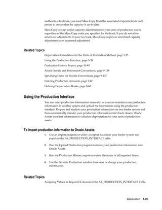 Depreciation    5-39
method in a tax book, you must Mass Copy from the associated corporate book each
period to ensure that the capacity is up-to-date.
Mass Copy always copies capacity adjustments for your units of production assets,
regardless of the Mass Copy rules you specified for the book. If you do not allow
amortized adjustments in your tax book, Mass Copy copies an amortized capacity
adjustment as an expensed adjustment.
Related Topics
Depreciation Calculation for the Units of Production Method, page 5-35
Using the Production Interface, page 5-39
Production History Report, page 10-49
About Prorate and Retirement Conventions, page 9-138
Specifying Dates for Prorate Conventions, page 9-137
Entering Production Amounts, page 5-42
Defining Depreciation Books, page 9-60
Using the Production Interface
You can enter production information manually, or you can maintain your production
information in another system and upload the information using the production
interface. Prepare and analyze your production information on any feeder system and
then automatically transfer your production information into Oracle Assets. Oracle
Assets uses that information to calculate depreciation for your units of production
assets.
To import production information to Oracle Assets:
1. Use an import program or utility to export data from your feeder system and
populate the FA_PRODUCTION_INTERFACE table.
2. Run the Upload Production program to move your production information into
Oracle Assets.
3. Run the Production History report to review the status of all imported items.
4. Use the Periodic Production window to review or change your production
information.
Related Topics
Assigning Values to Required Columns in the FA_PRODUCTION_INTERFACE Table,
 