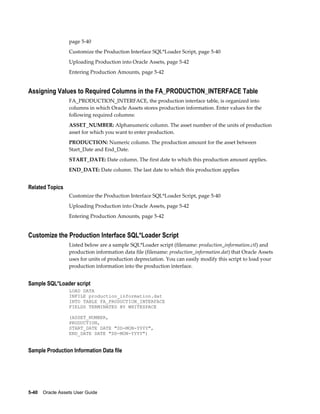 5-40    Oracle Assets User Guide
page 5-40
Customize the Production Interface SQL*Loader Script, page 5-40
Uploading Production into Oracle Assets, page 5-42
Entering Production Amounts, page 5-42
Assigning Values to Required Columns in the FA_PRODUCTION_INTERFACE Table
FA_PRODUCTION_INTERFACE, the production interface table, is organized into
columns in which Oracle Assets stores production information. Enter values for the
following required columns:
ASSET_NUMBER: Alphanumeric column. The asset number of the units of production
asset for which you want to enter production.
PRODUCTION: Numeric column. The production amount for the asset between
Start_Date and End_Date.
START_DATE: Date column. The first date to which this production amount applies.
END_DATE: Date column. The last date to which this production applies
Related Topics
Customize the Production Interface SQL*Loader Script, page 5-40
Uploading Production into Oracle Assets, page 5-42
Entering Production Amounts, page 5-42
Customize the Production Interface SQL*Loader Script
Listed below are a sample SQL*Loader script (filename: production_information.ctl) and
production information data file (filename: production_information.dat) that Oracle Assets
uses for units of production depreciation. You can easily modify this script to load your
production information into the production interface.
Sample SQL*Loader script
LOAD DATA
INFILE production_information.dat
INTO TABLE FA_PRODUCTION_INTERFACE
FIELDS TERMINATED BY WHITESPACE
(ASSET_NUMBER,
PRODUCTION,
START_DATE DATE "DD-MON-YYYY",
END_DATE DATE "DD-MON-YYYY")
Sample Production Information Data file
 