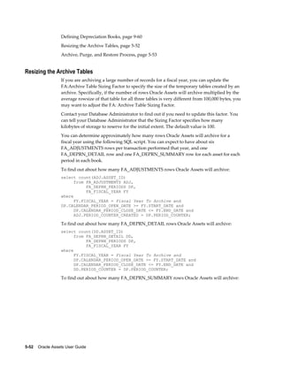 5-52    Oracle Assets User Guide
Defining Depreciation Books, page 9-60
Resizing the Archive Tables, page 5-52
Archive, Purge, and Restore Process, page 5-53
Resizing the Archive Tables
If you are archiving a large number of records for a fiscal year, you can update the
FA:Archive Table Sizing Factor to specify the size of the temporary tables created by an
archive. Specifically, if the number of rows Oracle Assets will archive multiplied by the
average rowsize of that table for all three tables is very different from 100,000 bytes, you
may want to adjust the FA: Archive Table Sizing Factor.
Contact your Database Administrator to find out if you need to update this factor. You
can tell your Database Administrator that the Sizing Factor specifies how many
kilobytes of storage to reserve for the initial extent. The default value is 100.
You can determine approximately how many rows Oracle Assets will archive for a
fiscal year using the following SQL script. You can expect to have about six
FA_ADJUSTMENTS rows per transaction performed that year, and one
FA_DEPRN_DETAIL row and one FA_DEPRN_SUMMARY row for each asset for each
period in each book.
To find out about how many FA_ADJUSTMENTS rows Oracle Assets will archive:
select count(ADJ.ASSET_ID)
from FA_ADJUSTMENTS ADJ,
FA_DEPRN_PERIODS DP,
FA_FISCAL_YEAR FY
where
FY.FISCAL_YEAR = Fiscal Year To Archive and
DP.CALENDAR_PERIOD_OPEN_DATE >= FY.START_DATE and
DP.CALENDAR_PERIOD_CLOSE_DATE <= FY.END_DATE and
ADJ.PERIOD_COUNTER_CREATED = DP.PERIOD_COUNTER;
To find out about how many FA_DEPRN_DETAIL rows Oracle Assets will archive:
select count(DD.ASSET_ID)
from FA_DEPRN_DETAIL DD,
FA_DEPRN_PERIODS DP,
FA_FISCAL_YEAR FY
where
FY.FISCAL_YEAR = Fiscal Year To Archive and
DP.CALENDAR_PERIOD_OPEN_DATE >= FY.START_DATE and
DP.CALENDAR_PERIOD_CLOSE_DATE <= FY.END_DATE and
DD.PERIOD_COUNTER = DP.PERIOD_COUNTER;
To find out about how many FA_DEPRN_SUMMARY rows Oracle Assets will archive:
 