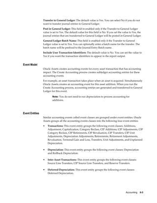 Accounting    6-3
Transfer to General Ledger: The default value is Yes. You can select No if you do not
want to transfer journal entries to General Ledger.
Post in General Ledger: This field in enabled only if the Transfer to General Ledger
value is set to Yes. The default value for this field is No. If you set the value to Yes, the
journal entries that are transferred to General Ledger will be posted in General Ledger.
General Ledger Batch Name: This field is enabled only if the Transfer to General
Ledger value is set to Yes. You can optionally enter a batch name for the transfer. The
batch name will be prefixed to the Journal Entry Batch name.
Include User Transaction Identifiers: The default value is No. You can set the value to
Yes if you want the transaction identifiers to appear in the report output.
Event Model
Oracle Assets creates accounting events for every asset transaction that has accounting
impact. The Create Accounting process creates subledger accounting entries for these
accounting events.
For example, an asset transaction takes place when an asset is acquired. Simultaneously
Oracle Assets creates an accounting event for this asset addition. When you run the
Create Accounting process, accounting entries are generated and transferred to General
Ledger for this event.
Note: You do not need to run depreciation to process accounting for
additions.
Event Entities
Similar accounting events called event classes are grouped under event entities. Oracle
Assets groups all the accounting events classes into the following four event entities
• Transactions: This event entity groups the following event classes: Additions,
Adjustment, Capitalization, Category Reclass, CIP Additions, CIP Adjustments, CIP
Category Reclass, CIP Retirements, CIP Revaluation, CIP Transfers, CIP Unit
Adjustments, Depreciation Adjustments, Retirements, Retirement Adjustments,
Revaluation, Terminal Gain and Loss, Transfers, Unit Adjustments, and Unplanned
Depreciation.
• Depreciation: This event entity groups the following event classes: Depreciation
and Rollback Depreciation.
• Inter Asset Transactions: This event entity groups the following event classes:
Source Line Transfers, CIP Source Line Transfers, and Reserve Transfers.
• Deferred Depreciation: This event entity groups the following event classes:
Deferred Depreciation.
 