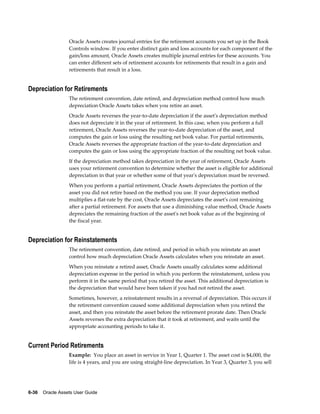 6-36    Oracle Assets User Guide
Oracle Assets creates journal entries for the retirement accounts you set up in the Book
Controls window. If you enter distinct gain and loss accounts for each component of the
gain/loss amount, Oracle Assets creates multiple journal entries for these accounts. You
can enter different sets of retirement accounts for retirements that result in a gain and
retirements that result in a loss.
Depreciation for Retirements
The retirement convention, date retired, and depreciation method control how much
depreciation Oracle Assets takes when you retire an asset.
Oracle Assets reverses the year-to-date depreciation if the asset's depreciation method
does not depreciate it in the year of retirement. In this case, when you perform a full
retirement, Oracle Assets reverses the year-to-date depreciation of the asset, and
computes the gain or loss using the resulting net book value. For partial retirements,
Oracle Assets reverses the appropriate fraction of the year-to-date depreciation and
computes the gain or loss using the appropriate fraction of the resulting net book value.
If the depreciation method takes depreciation in the year of retirement, Oracle Assets
uses your retirement convention to determine whether the asset is eligible for additional
depreciation in that year or whether some of that year's depreciation must be reversed.
When you perform a partial retirement, Oracle Assets depreciates the portion of the
asset you did not retire based on the method you use. If your depreciation method
multiplies a flat-rate by the cost, Oracle Assets depreciates the asset's cost remaining
after a partial retirement. For assets that use a diminishing value method, Oracle Assets
depreciates the remaining fraction of the asset's net book value as of the beginning of
the fiscal year.
Depreciation for Reinstatements
The retirement convention, date retired, and period in which you reinstate an asset
control how much depreciation Oracle Assets calculates when you reinstate an asset.
When you reinstate a retired asset, Oracle Assets usually calculates some additional
depreciation expense in the period in which you perform the reinstatement, unless you
perform it in the same period that you retired the asset. This additional depreciation is
the depreciation that would have been taken if you had not retired the asset.
Sometimes, however, a reinstatement results in a reversal of depreciation. This occurs if
the retirement convention caused some additional depreciation when you retired the
asset, and then you reinstate the asset before the retirement prorate date. Then Oracle
Assets reverses the extra depreciation that it took at retirement, and waits until the
appropriate accounting periods to take it.
Current Period Retirements
Example: You place an asset in service in Year 1, Quarter 1. The asset cost is $4,000, the
life is 4 years, and you are using straight-line depreciation. In Year 3, Quarter 3, you sell
 