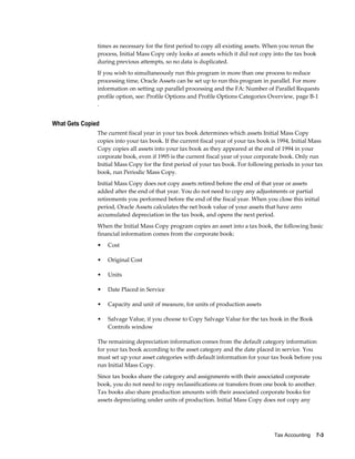 Tax Accounting    7-3
times as necessary for the first period to copy all existing assets. When you rerun the
process, Initial Mass Copy only looks at assets which it did not copy into the tax book
during previous attempts, so no data is duplicated.
If you wish to simultaneously run this program in more than one process to reduce
processing time, Oracle Assets can be set up to run this program in parallel. For more
information on setting up parallel processing and the FA: Number of Parallel Requests
profile option, see: Profile Options and Profile Options Categories Overview, page B-1
.
What Gets Copied
The current fiscal year in your tax book determines which assets Initial Mass Copy
copies into your tax book. If the current fiscal year of your tax book is 1994, Initial Mass
Copy copies all assets into your tax book as they appeared at the end of 1994 in your
corporate book, even if 1995 is the current fiscal year of your corporate book. Only run
Initial Mass Copy for the first period of your tax book. For following periods in your tax
book, run Periodic Mass Copy.
Initial Mass Copy does not copy assets retired before the end of that year or assets
added after the end of that year. You do not need to copy any adjustments or partial
retirements you performed before the end of the fiscal year. When you close this initial
period, Oracle Assets calculates the net book value of your assets that have zero
accumulated depreciation in the tax book, and opens the next period.
When the Initial Mass Copy program copies an asset into a tax book, the following basic
financial information comes from the corporate book:
• Cost
• Original Cost
• Units
• Date Placed in Service
• Capacity and unit of measure, for units of production assets
• Salvage Value, if you choose to Copy Salvage Value for the tax book in the Book
Controls window
The remaining depreciation information comes from the default category information
for your tax book according to the asset category and the date placed in service. You
must set up your asset categories with default information for your tax book before you
run Initial Mass Copy.
Since tax books share the category and assignments with their associated corporate
book, you do not need to copy reclassifications or transfers from one book to another.
Tax books also share production amounts with their associated corporate books for
assets depreciating under units of production. Initial Mass Copy does not copy any
 