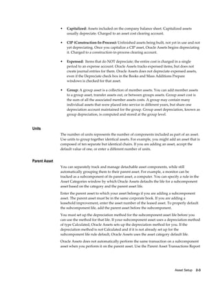 Asset Setup    2-3
• Capitalized: Assets included on the company balance sheet. Capitalized assets
usually depreciate. Charged to an asset cost clearing account.
• CIP (Construction-In-Process): Unfinished assets being built, not yet in use and not
yet depreciating. Once you capitalize a CIP asset, Oracle Assets begins depreciating
it. Charged to a construction-in-process clearing account.
• Expensed: Items that do NOT depreciate; the entire cost is charged in a single
period to an expense account. Oracle Assets tracks expensed items, but does not
create journal entries for them. Oracle Assets does not depreciate expensed assets,
even if the Depreciate check box in the Books and Mass Additions Prepare
windows is checked for that asset.
• Group: A group asset is a collection of member assets. You can add member assets
to a group asset, transfer assets out, or between groups assets. Group asset cost is
the sum of all the associated member assets costs. A group may contain many
individual assets that were placed into service in different years, but share one
depreciation account maintained for the group. Group asset depreciation, known as
group depreciation, is computed and stored at the group level.
Units
The number of units represents the number of components included as part of an asset.
Use units to group together identical assets. For example, you might add an asset that is
composed of ten separate but identical chairs. If you are adding an asset, accept the
default value of one, or enter a different number of units.
Parent Asset
You can separately track and manage detachable asset components, while still
automatically grouping them to their parent asset. For example, a monitor can be
tracked as a subcomponent of its parent asset, a computer. You can specify a rule in the
Asset Categories window by which Oracle Assets defaults the life for a subcomponent
asset based on the category and the parent asset life.
Enter the parent asset to which your asset belongs if you are adding a subcomponent
asset. The parent asset must be in the same corporate book. If you are adding a
leasehold improvement, enter the asset number of the leased asset. To properly default
the subcomponent life, add the parent asset before the subcomponent.
You must set up the depreciation method for the subcomponent asset life before you
can use the method for that life. If your subcomponent asset uses a depreciation method
of type Calculated, Oracle Assets sets up the depreciation method for you. If the
depreciation method is not Calculated and if it is not already set up for the
subcomponent life rule default, Oracle Assets uses the asset category default life.
Oracle Assets does not automatically perform the same transaction on a subcomponent
asset when you perform it on the parent asset. Use the Parent Asset Transactions Report
 