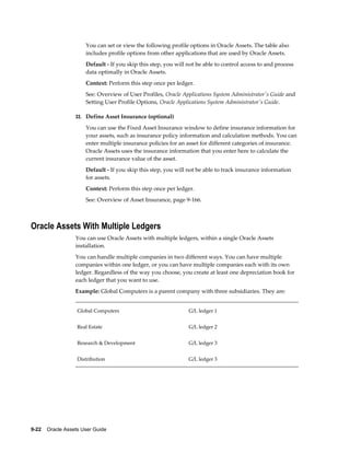 9-22    Oracle Assets User Guide
You can set or view the following profile options in Oracle Assets. The table also
includes profile options from other applications that are used by Oracle Assets.
Default - If you skip this step, you will not be able to control access to and process
data optimally in Oracle Assets.
Context: Perform this step once per ledger.
See: Overview of User Profiles, Oracle Applications System Administrator's Guide and
Setting User Profile Options, Oracle Applications System Administrator's Guide.
33. Define Asset Insurance (optional)
You can use the Fixed Asset Insurance window to define insurance information for
your assets, such as insurance policy information and calculation methods. You can
enter multiple insurance policies for an asset for different categories of insurance.
Oracle Assets uses the insurance information that you enter here to calculate the
current insurance value of the asset.
Default - If you skip this step, you will not be able to track insurance information
for assets.
Context: Perform this step once per ledger.
See: Overview of Asset Insurance, page 9-166.
Oracle Assets With Multiple Ledgers
You can use Oracle Assets with multiple ledgers, within a single Oracle Assets
installation.
You can handle multiple companies in two different ways. You can have multiple
companies within one ledger, or you can have multiple companies each with its own
ledger. Regardless of the way you choose, you create at least one depreciation book for
each ledger that you want to use.
Example: Global Computers is a parent company with three subsidiaries. They are:
Global Computers G/L ledger 1
Real Estate G/L ledger 2
Research & Development G/L ledger 3
Distribution G/L ledger 3
 