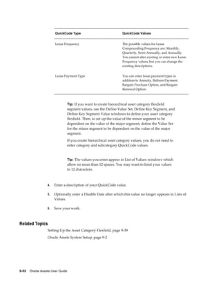 9-52    Oracle Assets User Guide
QuickCode Type QuickCode Values
Lease Frequency The possible values for Lease
Compounding Frequency are: Monthly,
Quarterly, Semi-Annually, and Annually.
You cannot alter existing or enter new Lease
Frequency values, but you can change the
existing descriptions.
Lease Payment Type You can enter lease payment types in
addition to Annuity, Balloon Payment,
Bargain Purchase Option, and Bargain
Renewal Option.
Tip: If you want to create hierarchical asset category flexfield
segment values, use the Define Value Set, Define Key Segment, and
Define Key Segment Value windows to define your asset category
flexfield. Then, to set up the value of the minor segment to be
dependent on the value of the major segment, define the Value Set
for the minor segment to be dependent on the value of the major
segment.
If you create hierarchical asset category values, you do not need to
enter category and subcategory QuickCode values.
Tip: The values you enter appear in List of Values windows which
allow no more than 12 spaces. You may want to limit your values
to 12 characters.
4. Enter a description of your QuickCode value.
5. Optionally enter a Disable Date after which this value no longer appears in Lists of
Values.
6. Save your work.
Related Topics
Setting Up the Asset Category Flexfield, page 9-39
Oracle Assets System Setup, page 9-2
 