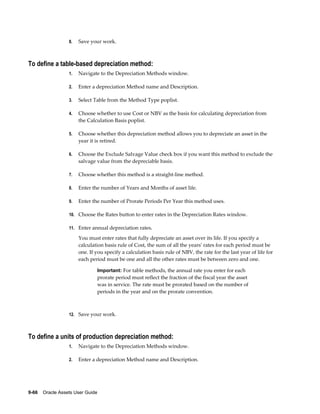 9-66    Oracle Assets User Guide
8. Save your work.
To define a table-based depreciation method:
1. Navigate to the Depreciation Methods window.
2. Enter a depreciation Method name and Description.
3. Select Table from the Method Type poplist.
4. Choose whether to use Cost or NBV as the basis for calculating depreciation from
the Calculation Basis poplist.
5. Choose whether this depreciation method allows you to depreciate an asset in the
year it is retired.
6. Choose the Exclude Salvage Value check box if you want this method to exclude the
salvage value from the depreciable basis.
7. Choose whether this method is a straight-line method.
8. Enter the number of Years and Months of asset life.
9. Enter the number of Prorate Periods Per Year this method uses.
10. Choose the Rates button to enter rates in the Depreciation Rates window.
11. Enter annual depreciation rates.
You must enter rates that fully depreciate an asset over its life. If you specify a
calculation basis rule of Cost, the sum of all the years' rates for each period must be
one. If you specify a calculation basis rule of NBV, the rate for the last year of life for
each period must be one and all the other rates must be between zero and one.
Important: For table methods, the annual rate you enter for each
prorate period must reflect the fraction of the fiscal year the asset
was in service. The rate must be prorated based on the number of
periods in the year and on the prorate convention.
12. Save your work.
To define a units of production depreciation method:
1. Navigate to the Depreciation Methods window.
2. Enter a depreciation Method name and Description.
 