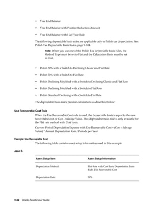 9-82    Oracle Assets User Guide
• Year End Balance
• Year End Balance with Positive Reduction Amount
• Year End Balance with Half Year Rule
The following depreciable basis rules are applicable only to Polish tax depreciation. See:
Polish Tax Depreciable Basis Rules, page 9-104.
Note: When you use one of the Polish Tax depreciable basis rules, the
Method Type must be set to Flat and the Calculation Basis must be set
to Cost.
• Polish 30% with a Switch to Declining Classic and Flat Rate
• Polish 30% with a Switch to Flat Rate
• Polish Declining Modified with a Switch to Declining Classic and Flat Rate
• Polish Declining Modified with a Switch to Flat Rate
• Polish Standard Declining with a Switch to Flat Rate
The depreciable basis rules provide calculations as described below:
Use Recoverable Cost Rule
When the Use Recoverable Cost rule is used, the depreciable basis is equal to the new
recoverable cost or Cost - Salvage Value. This depreciable basis rule is only available for
the Flat rate method with Cost basis.
Current Period Depreciation Expense with Use Recoverable Cost = (Cost - Salvage
Value) * Annual Depreciation Rate / Periods per Year
Example: Use Recoverable Cost
The following table contains asset setup information used in this example.
Asset A
Asset Setup Item Asset Setup Information
Depreciation Method: Flat Rate with Cost Basis Depreciation Basis
Rule: Use Recoverable Cost
Depreciation Rate: 30%
 
