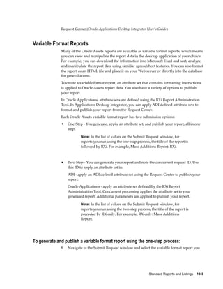 Standard Reports and Listings    10-3
Request Center (Oracle Applications Desktop Integrator User's Guide)
Variable Format Reports
Many of the Oracle Assets reports are available as variable format reports, which means
you can view and manipulate the report data in the desktop application of your choice.
For example, you can download the information into Microsoft Excel and sort, analyze,
and manipulate the report data using familiar spreadsheet features. You can also format
the report as an HTML file and place it on your Web server or directly into the database
for general access.
To create a variable format report, an attribute set that contains formatting instructions
is applied to Oracle Assets report data. You also have a variety of options to publish
your report.
In Oracle Applications, attribute sets are defined using the RXi Report Administration
Tool. In Applications Desktop Integrator, you can apply ADI defined attribute sets to
format and publish your report from the Request Center.
Each Oracle Assets variable format report has two submission options:
• One-Step - You generate, apply an attribute set, and publish your report, all in one
step.
Note: In the list of values on the Submit Request window, for
reports you run using the one-step process, the title of the report is
followed by RXi. For example, Mass Additions Report: RXi.
• Two-Step - You can generate your report and note the concurrent request ID. Use
this ID to apply an attribute set in:
ADI - apply an ADI defined attribute set using the Request Center to publish your
report.
Oracle Applications - apply an attribute set defined by the RXi Report
Administration Tool. Concurrent processing applies the attribute set to your
generated report. Additional parameters are applied to publish your report.
Note: In the list of values on the Submit Request window, for
reports you run using the two-step process, the title of the report is
preceded by RX-only. For example, RX-only: Mass Additions
Report.
To generate and publish a variable format report using the one-step process:
1. Navigate to the Submit Request window and select the variable format report you
 