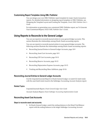 Standard Reports and Listings    10-9
Customizing Report Templates Using XML Publisher
You can design your own XML Publisher report template for major Assets transaction
reports. For detailed information on designing report templates in XML Publisher, see
Designing the Template Layout and Creating the Template, Oracle XML Publisher User's
Guide.
For information on generating your customized XML Publisher report, see To Generate
Your Customized Report, Oracle XML Publisher User's Guide.
Using Reports to Reconcile to the General Ledger
You can use reports to reconcile journal entries to your general ledger accounts. This
section illustrates the relationships among Oracle Assets accounting reports.
You can use reports to reconcile journal entries to your general ledger accounts. The
following sections illustrate the relationships among Oracle Assets accounting reports:
• Reconciling Journal Entries to General Ledger Accounts, page 10-9
• Reconciling Asset Cost Accounts, page 10-9
• Reconciling CIP Cost Accounts, page 10-11
• Reconciling Reserve Accounts, page 10-13
• Reconciling Depreciation Expense Accounts, page 10-15
• Tracking and Reconciling Mass Additions, page 10-16
Reconciling Journal Entries to General Ledger Accounts
Use the Unposted Journals Report in Oracle General Ledger, to match GL batch totals
with the asset batch totals found in the Subledger Accounting Account Analysis report.
Related Topics
Unposted Journals Report, Oracle General Ledger User Guide
Account Analysis Report, Oracle Subledger Accounting Implementation Guide
Reconciling Asset Cost Accounts
Steps to reconcile asset cost accounts:
1. In Oracle General Ledger, match the ending balances in the Detail Trial Balance
report with the ending balances in the ledger Subledger Accounting Account
 
