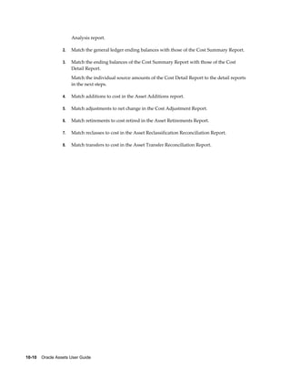 10-10    Oracle Assets User Guide
Analysis report.
2. Match the general ledger ending balances with those of the Cost Summary Report.
3. Match the ending balances of the Cost Summary Report with those of the Cost
Detail Report.
Match the individual source amounts of the Cost Detail Report to the detail reports
in the next steps.
4. Match additions to cost in the Asset Additions report.
5. Match adjustments to net change in the Cost Adjustment Report.
6. Match retirements to cost retired in the Asset Retirements Report.
7. Match reclasses to cost in the Asset Reclassification Reconciliation Report.
8. Match transfers to cost in the Asset Transfer Reconciliation Report.
 