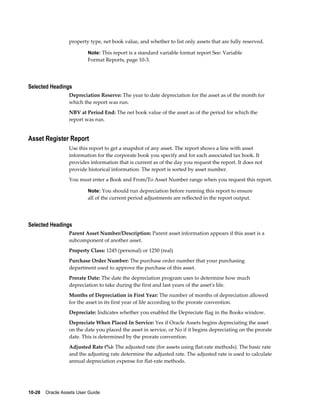 10-28    Oracle Assets User Guide
property type, net book value, and whether to list only assets that are fully reserved.
Note: This report is a standard variable format report See: Variable
Format Reports, page 10-3.
Selected Headings
Depreciation Reserve: The year to date depreciation for the asset as of the month for
which the report was run.
NBV at Period End: The net book value of the asset as of the period for which the
report was run.
Asset Register Report
Use this report to get a snapshot of any asset. The report shows a line with asset
information for the corporate book you specify and for each associated tax book. It
provides information that is current as of the day you request the report. It does not
provide historical information. The report is sorted by asset number.
You must enter a Book and From/To Asset Number range when you request this report.
Note: You should run depreciation before running this report to ensure
all of the current period adjustments are reflected in the report output.
Selected Headings
Parent Asset Number/Description: Parent asset information appears if this asset is a
subcomponent of another asset.
Property Class: 1245 (personal) or 1250 (real)
Purchase Order Number: The purchase order number that your purchasing
department used to approve the purchase of this asset.
Prorate Date: The date the depreciation program uses to determine how much
depreciation to take during the first and last years of the asset's life.
Months of Depreciation in First Year: The number of months of depreciation allowed
for the asset in its first year of life according to the prorate convention.
Depreciate: Indicates whether you enabled the Depreciate flag in the Books window.
Depreciate When Placed In Service: Yes if Oracle Assets begins depreciating the asset
on the date you placed the asset in service, or No if it begins depreciating on the prorate
date. This is determined by the prorate convention.
Adjusted Rate (%): The adjusted rate (for assets using flat-rate methods). The basic rate
and the adjusting rate determine the adjusted rate. The adjusted rate is used to calculate
annual depreciation expense for flat-rate methods.
 