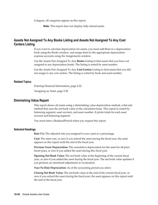 10-30    Oracle Assets User Guide
Category, all categories appear on this report.
Note: This report does not display fully retired assets.
Assets Not Assigned To Any Books Listing and Assets Not Assigned To Any Cost
Centers Listing
If you want to calculate depreciation for assets, you must add them to a depreciation
book using the Books window, and assign them to the appropriate depreciation
expense accounts using the Assignments window.
Use the Assets Not Assigned To Any Books Listing to find assets that you have not
assigned to any depreciation books. The listing is sorted by asset number.
Use the Assets Not Assigned To Any Cost Centers Listing to find assets that you did
not assign to any cost centers. The listing is sorted by book and asset number.
Related Topics
Entering Financial Information, page 2-22
Assigning an Asset, page 2-26
Diminishing Value Report
This report shows all assets using a diminishing value depreciation method, a flat-rate
method that uses the net book value as the calculation basis. This report is sorted by
balancing segment, asset account, and asset number. It prints totals for each asset
account and balancing segment.
You must enter a BookandPeriod when you request this report.
Selected Headings
Rate (%): The adjusted rate you assigned to your asset as a percentage.
Cost: The asset cost, or zero if you retired the asset during the fiscal year; the asset
appears on this report until the end of the fiscal year.
Previous Years Depreciation: The cumulative depreciation for the asset for all prior
fiscal years, or zero if you added the asset during this fiscal year.
Opening Net Book Value: The net book value at the beginning of the current fiscal
year, or zero if you added the asset during the fiscal year. The net book value updates if
you perform an amortized adjustment or revaluation.
Year-To-Date Depreciation: As of the accounting period you select.
Closing Net Book Value: The net book value at the end of the current fiscal year, or
zero if you retired the asset during the fiscal year; the asset appears on this report until
the end of the fiscal year.
 