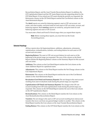 Standard Reports and Listings    10-45
Reconciliation Report, and the Asset Transfer Reconciliation Report. In addition, the
CIP Capitalization Report and the CIP Assets Report provide supporting detail for the
CIP Detail Report. If you retired any CIP assets during the periods you requested, the
Retirements column on the CIP Detail Report matches the Cost Retired column on the
Asset Retirements Report.
The detail reports are sorted by balancing segment, asset or CIP cost account, cost
center, and asset number, and print totals for each asset or CIP cost center, account, and
balancing segment. Both summary reports are sorted by, and print totals for each
balancing segment and asset or CIP account.
You must enter a Book and From/To Period range when you request these reports.
Note: Before running these reports, you must first run the Create
Accounting process.
Selected Headings
All four reports show the beginning balance, additions, adjustments, retirements,
capitalizations, reclassifications, transfers, and ending balance for each asset or CIP
account and cost center:
Beginning Balance: The asset or CIP cost account balance for each asset as of the
beginning of the period range you requested. The sum of this column on the Detail
Report matches the Beginning Balance column on the Summary Report for this account
and cost center.
Additions: This column on the Cost Detail Report matches the Cost column on the
Asset Additions Report for capitalized assets.
Adjustments: This column on the Detail Report matches the Net Change column on the
Cost Adjustments Report.
Retirements: This column on the Detail Report matches the sum of the Cost Retired
column on the Asset Retirements Report.
Revaluation (Cost Detail and Summary Reports): The net change to the asset account
resulting from asset revaluations made during the period range you requested.
Capitalizations (CIP Detail and Summary Reports): The change to the CIP cost
account resulting from CIP asset capitalizations made during the period range you
requested. This column on the CIP Detail Report matches the sum of the Cost column
on the CIP Capitalization Report.
Reclassifications: This column on the Detail Report matches the Cost column on the
Asset Reclassification Reconciliation Report.
Transfers: The net change to the asset or CIP cost account resulting from interaccount
transfers that move cost from one general ledger number to another. This column on the
Detail Report matches the Cost column on the Asset Transfer Reconciliations Report.
Ending Balance: This column on the CIP Detail Report matches the Cost column on the
 