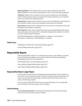 10-52    Oracle Assets User Guide
Beginning Balance: This column in the summary report matches the total of the
Beginning Balance column on the detail report for this account and balancing segment.
Additions: Change to the revaluation reserve account resulting from asset additions
made during the period range you requested. This amount represents any revaluation
reserve you entered when adding the asset.
Amortization: Change to the revaluation reserve account resulting from amortization of
the revaluation reserve for this asset during the period range you requested.
Revaluations: Change to the revaluation reserve account due to revaluation of the asset
during the period range you requested.
Out of Balance: Oracle Assets compares the asset's actual ending balance at the end of
the period range you requested with a calculated ending balance and prints an asterisk
(*) in this column if they are different.
Calculated Ending Balance = Beginning Balance + Additions + Amortization +
Revaluations - Retirements + Reclassifications + Transfers
Related Topics
Using Reports to Reconcile to the General Ledger, page 10-9
Common Report Parameters, page 10-19
Responsibility Reports
Use the responsibility reports to view depreciation expense, asset additions, and asset
removals by balancing segment and cost center. Refer to the following additional
responsibility reports for more information:
Asset Additions By Cost Center Report, page 10-71
Asset Additions Responsibility Report, page 10-72
Asset Disposals Responsibility Report, page 10-82
Responsibility Reserve Ledger Report
Use this report to find out how much depreciation expense Oracle Assets charged to a
cost center in any depreciation period. The report is sorted by balancing segment, cost
center, asset account, and asset number. It prints totals for each asset account, cost
center, and balancing segment.
You must enter a Book and Period when you request this report. You can optionally
enter a From/To Cost Center range to limit the output.
Selected Headings
Year-To-Date Depreciation: The depreciation charged to the cost center during the
current fiscal year as of the period you selected.
 