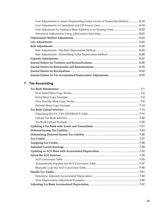     vii
Cost Adjustments to Assets Depreciating Under a Units of Production Method.............. 6-18
Cost Adjustments to Capitalized and CIP Source Lines.................................................... 6-19
Cost Adjustment by Adding a Mass Addition to an Existing Asset.................................. 6-22
Amortized Adjustments Using a Retroactive Start Date....................................................6-23
Depreciation Method Adjustments........................................................................................ 6-24
Life Adjustments..................................................................................................................... 6-24
Rate Adjustments.................................................................................................................... 6-25
Rate Adjustments - Flat-Rate Depreciation Method...........................................................6-25
Rate Adjustments - Diminishing Value Depreciation Method...........................................6-26
Capacity Adjustments............................................................................................................. 6-27
Journal Entries for Transfers and Reclassifications............................................................... 6-28
Journal Entries for Retirements and Reinstatements............................................................. 6-35
Journal Entries for Revaluations............................................................................................. 6-42
Journal Entries for Tax Accumulated Depreciation Adjustments......................................... 6-55
7 Tax Accounting
Tax Book Maintenance.............................................................................................................. 7-1
How Initial Mass Copy Works.............................................................................................7-2
Initial Mass Copy Example.................................................................................................. 7-4
How Periodic Mass Copy Works......................................................................................... 7-6
Periodic Mass Copy Example............................................................................................ 7-13
Tax Book Upload Interface......................................................................................................7-15
Populating the FA_TAX_INTERFACE Table.....................................................................7-15
Upload Tax Book Interface.................................................................................................7-20
Tax Book Upload Example.................................................................................................7-20
Updating a Tax Book with Assets and Transactions.............................................................. 7-21
Deferred Income Tax Liability................................................................................................ 7-23
Determining Deferred Income Tax Liability..........................................................................7-26
Tax Credits............................................................................................................................... 7-27
Assigning Tax Credits............................................................................................................. 7-28
Adjusted Current Earnings..................................................................................................... 7-29
Updating an ACE Book with Accumulated Depreciation......................................................7-32
About the ACE Interface......................................................................................................... 7-35
ACE Conversion Table ......................................................................................................7-35
Automatically Populate the ACE Conversion Table.......................................................... 7-37
Manually Load the ACE Conversion Table....................................................................... 7-40
Handle Tax Audits.................................................................................................................. 7-41
Determine Adjusted Accumulated Depreciation .............................................................. 7-44
Mass Depreciation Adjustment Examples......................................................................... 7-46
Adjusting Tax Book Accumulated Depreciation....................................................................7-57
 