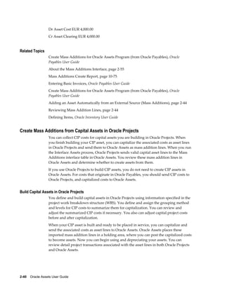 2-40    Oracle Assets User Guide
Dr Asset Cost EUR 4,000.00
Cr Asset Clearing EUR 4,000.00
Related Topics
Create Mass Additions for Oracle Assets Program (from Oracle Payables), Oracle
Payables User Guide
About the Mass Additions Interface, page 2-55
Mass Additions Create Report, page 10-75
Entering Basic Invoices, Oracle Payables User Guide
Create Mass Additions for Oracle Assets Program (from Oracle Payables), Oracle
Payables User Guide
Adding an Asset Automatically from an External Source (Mass Additions), page 2-44
Reviewing Mass Addition Lines, page 2-44
Defining Items, Oracle Inventory User Guide
Create Mass Additions from Capital Assets in Oracle Projects
You can collect CIP costs for capital assets you are building in Oracle Projects. When
you finish building your CIP asset, you can capitalize the associated costs as asset lines
in Oracle Projects and send them to Oracle Assets as mass addition lines. When you run
the Interface Assets process, Oracle Projects sends valid capital asset lines to the Mass
Additions interface table in Oracle Assets. You review these mass addition lines in
Oracle Assets and determine whether to create assets from them.
If you use Oracle Projects to build CIP assets, you do not need to create CIP assets in
Oracle Assets. For costs that originate in Oracle Payables, you should send CIP costs to
Oracle Projects, and capitalized costs to Oracle Assets.
Build Capital Assets in Oracle Projects
You define and build capital assets in Oracle Projects using information specified in the
project work breakdown structure (WBS). You define and assign the grouping method
and levels for CIP costs to summarize them for capitalization. You can review and
adjust the summarized CIP costs if necessary. You also can adjust capital project costs
before and after capitalization.
When your CIP asset is built and ready to be placed in service, you can capitalize and
send the associated costs as asset lines to Oracle Assets. Oracle Assets places these
imported mass addition lines in a holding area, where you can post the capitalized costs
to become assets. Now you can begin using and depreciating your assets. You can
review detail project transactions associated with the asset lines in both Oracle Projects
and Oracle Assets.
 