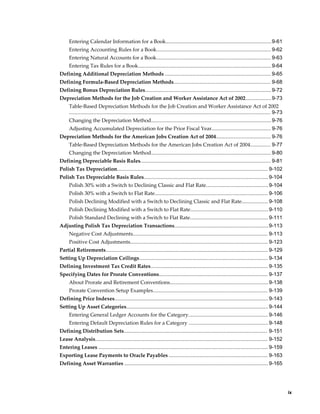     ix
Entering Calendar Information for a Book.........................................................................9-61
Entering Accounting Rules for a Book............................................................................... 9-62
Entering Natural Accounts for a Book............................................................................... 9-63
Entering Tax Rules for a Book............................................................................................9-64
Defining Additional Depreciation Methods ......................................................................... 9-65
Defining Formula-Based Depreciation Methods................................................................... 9-68
Defining Bonus Depreciation Rules....................................................................................... 9-72
Depreciation Methods for the Job Creation and Worker Assistance Act of 2002..................9-73
Table-Based Depreciation Methods for the Job Creation and Worker Assistance Act of 2002
........................................................................................................................................... 9-73
Changing the Depreciation Method...................................................................................9-76
Adjusting Accumulated Depreciation for the Prior Fiscal Year......................................... 9-76
Depreciation Methods for the American Jobs Creation Act of 2004...................................... 9-76
Table-Based Depreciation Methods for the American Jobs Creation Act of 2004.............. 9-77
Changing the Depreciation Method...................................................................................9-80
Defining Depreciable Basis Rules.......................................................................................... 9-81
Polish Tax Depreciation........................................................................................................ 9-102
Polish Tax Depreciable Basis Rules......................................................................................9-104
Polish 30% with a Switch to Declining Classic and Flat Rate...........................................9-104
Polish 30% with a Switch to Flat Rate.............................................................................. 9-106
Polish Declining Modified with a Switch to Declining Classic and Flat Rate.................. 9-108
Polish Declining Modified with a Switch to Flat Rate......................................................9-110
Polish Standard Declining with a Switch to Flat Rate...................................................... 9-111
Adjusting Polish Tax Depreciation Transactions.................................................................9-113
Negative Cost Adjustments............................................................................................. 9-113
Positive Cost Adjustments............................................................................................... 9-123
Partial Retirements................................................................................................................ 9-129
Setting Up Depreciation Ceilings......................................................................................... 9-134
Defining Investment Tax Credit Rates................................................................................. 9-135
Specifying Dates for Prorate Conventions........................................................................... 9-137
About Prorate and Retirement Conventions....................................................................9-138
Prorate Convention Setup Examples............................................................................... 9-139
Defining Price Indexes.......................................................................................................... 9-143
Setting Up Asset Categories.................................................................................................. 9-144
Entering General Ledger Accounts for the Category....................................................... 9-146
Entering Default Depreciation Rules for a Category .......................................................9-148
Defining Distribution Sets................................................................................................... 9-151
Lease Analysis....................................................................................................................... 9-152
Entering Leases ..................................................................................................................... 9-159
Exporting Lease Payments to Oracle Payables .................................................................... 9-163
Defining Asset Warranties ................................................................................................... 9-165
 